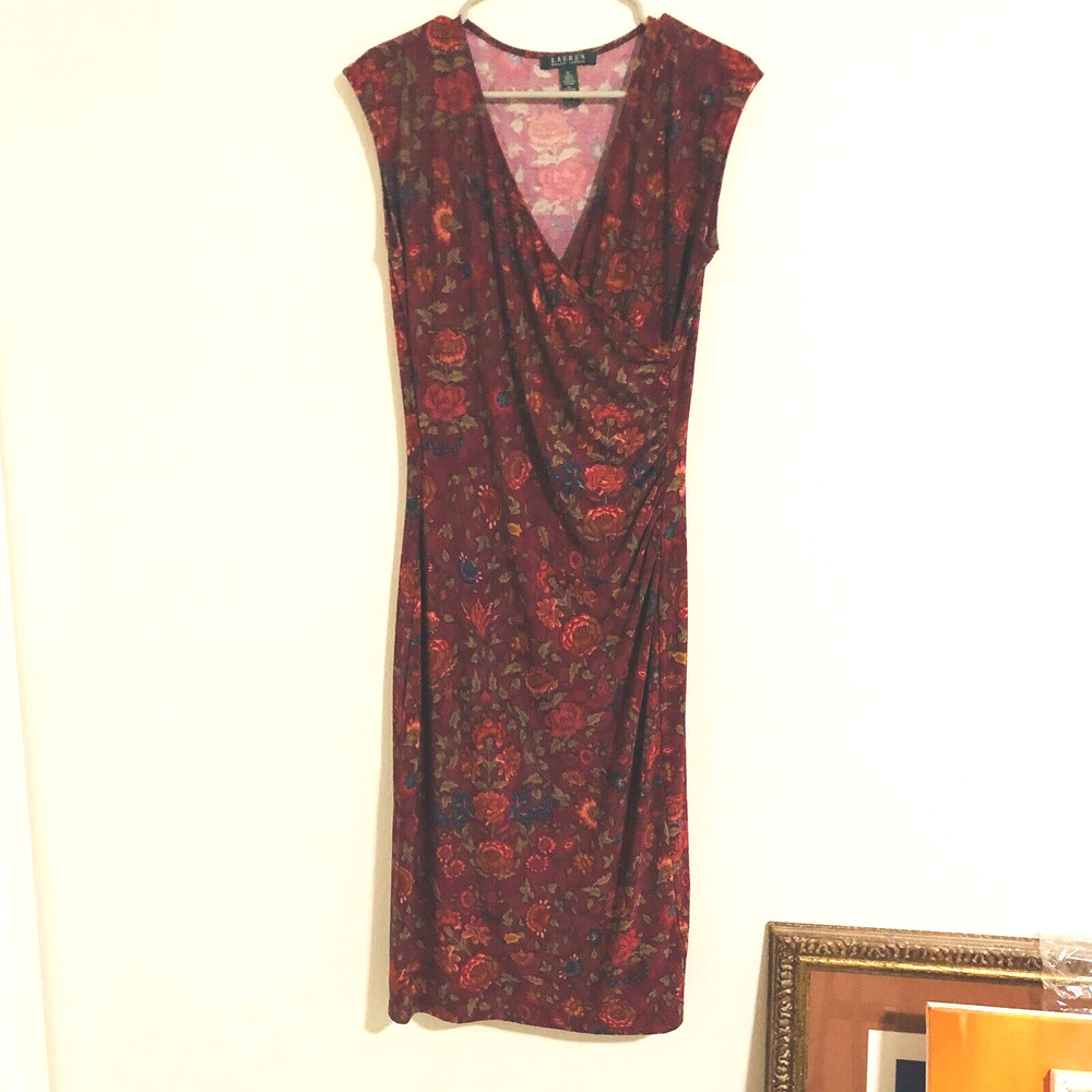 Lauren Women's (M) Floral Dress Burgundy Midi V-Neck Shoulder Sleeve - Picture 2 of 6